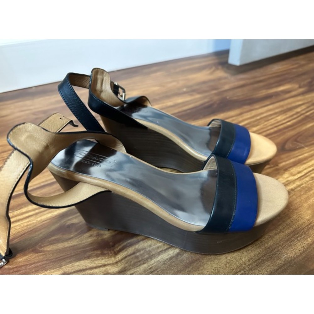 Coach Black Blue Leather Wedges Size 6.5